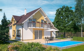 Einfamilienhaus mit Garagenzubau, Arbeitszimmer im Erdgeschoss, drei Zimmern im Obergeschoss und Kamin.